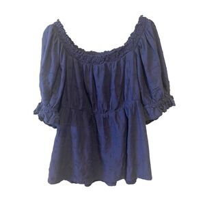 Old Navy Peplum Blouse Size XL Blue Eyelet Smocked Puff Sleeve Boho Peasant Top